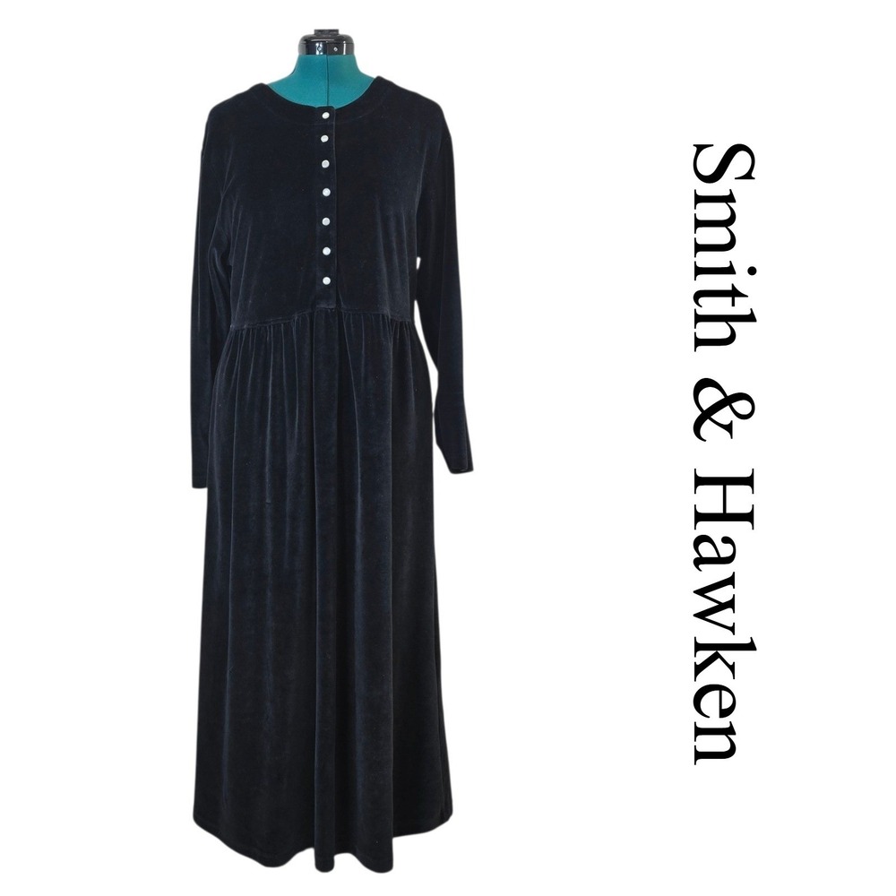 Smith & Hawken Vintage Velvet Maxi Dress Womens L Long Sleeve‎ Button Pockets